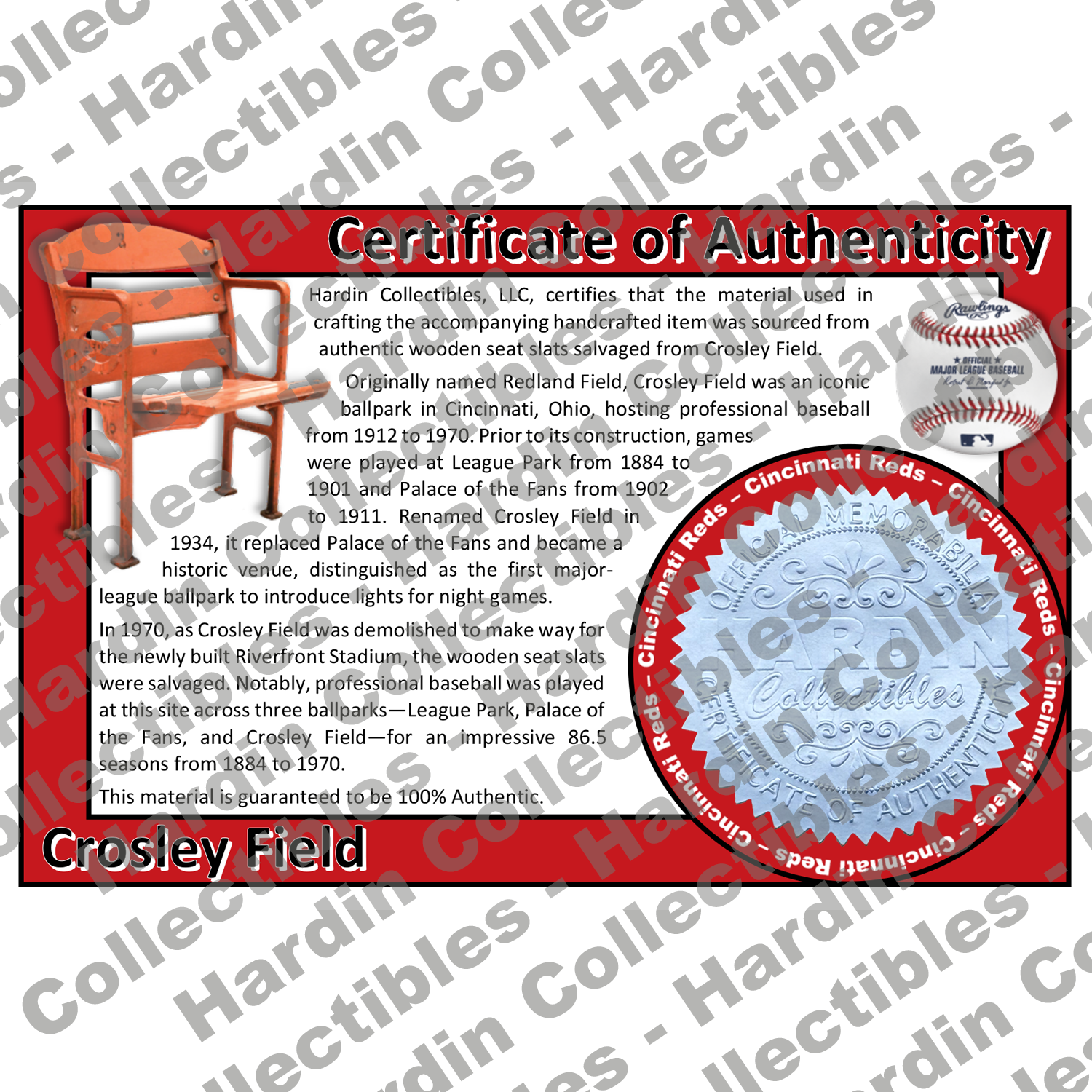 Image of certificate of authenticity for Crosley Field (Cincinnati Reds) - front