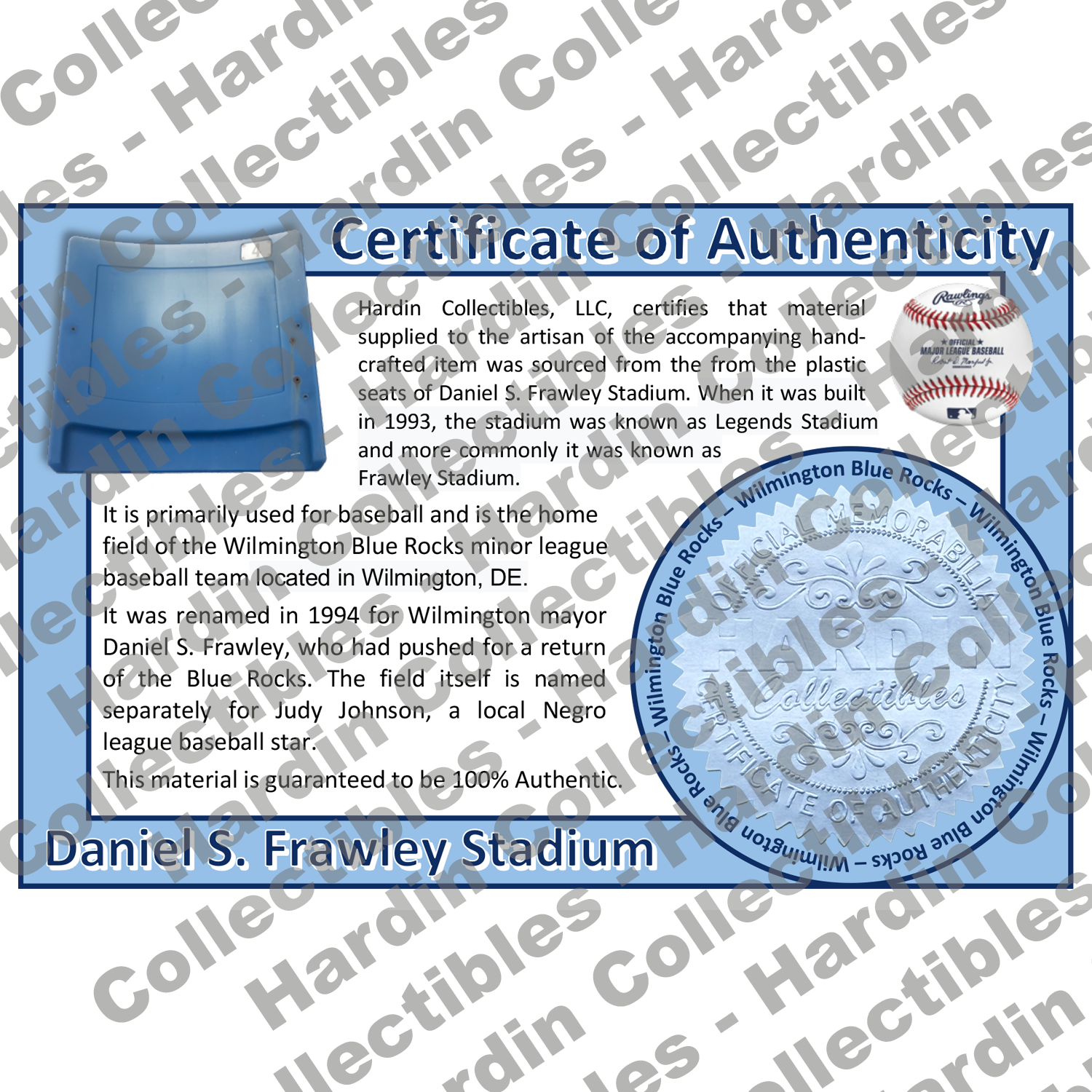 Image of certificate of authenticity for Daniel S. Frawley Stadium (Wilmington Blue Rocks) - front