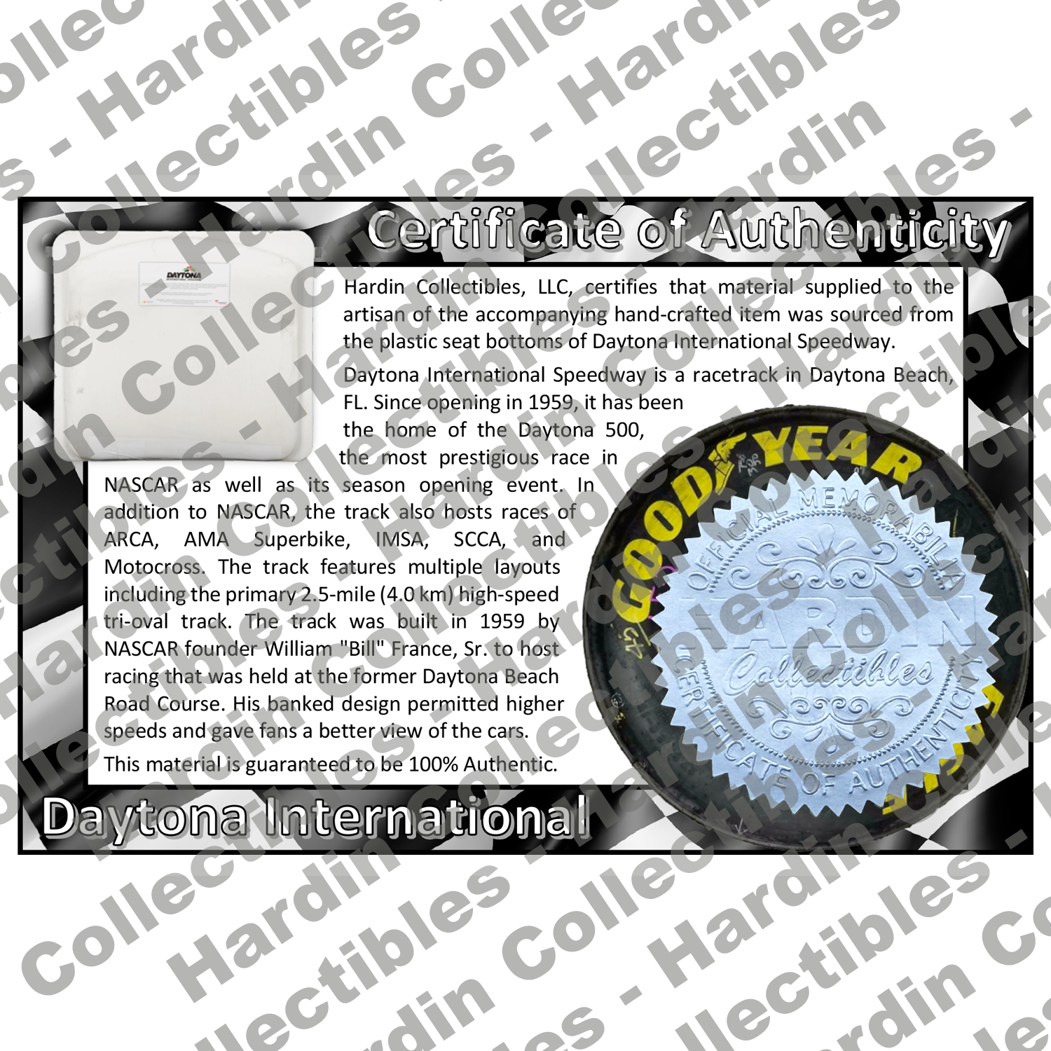 Image of certificate of authenticity for Daytona International Speedway - front