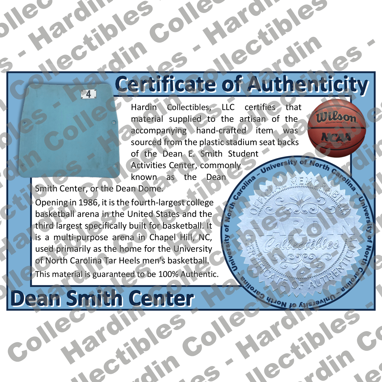Image of certificate of authenticity for Dean E Smith Center ( University of North Carolina) [Plastic Seats] - front