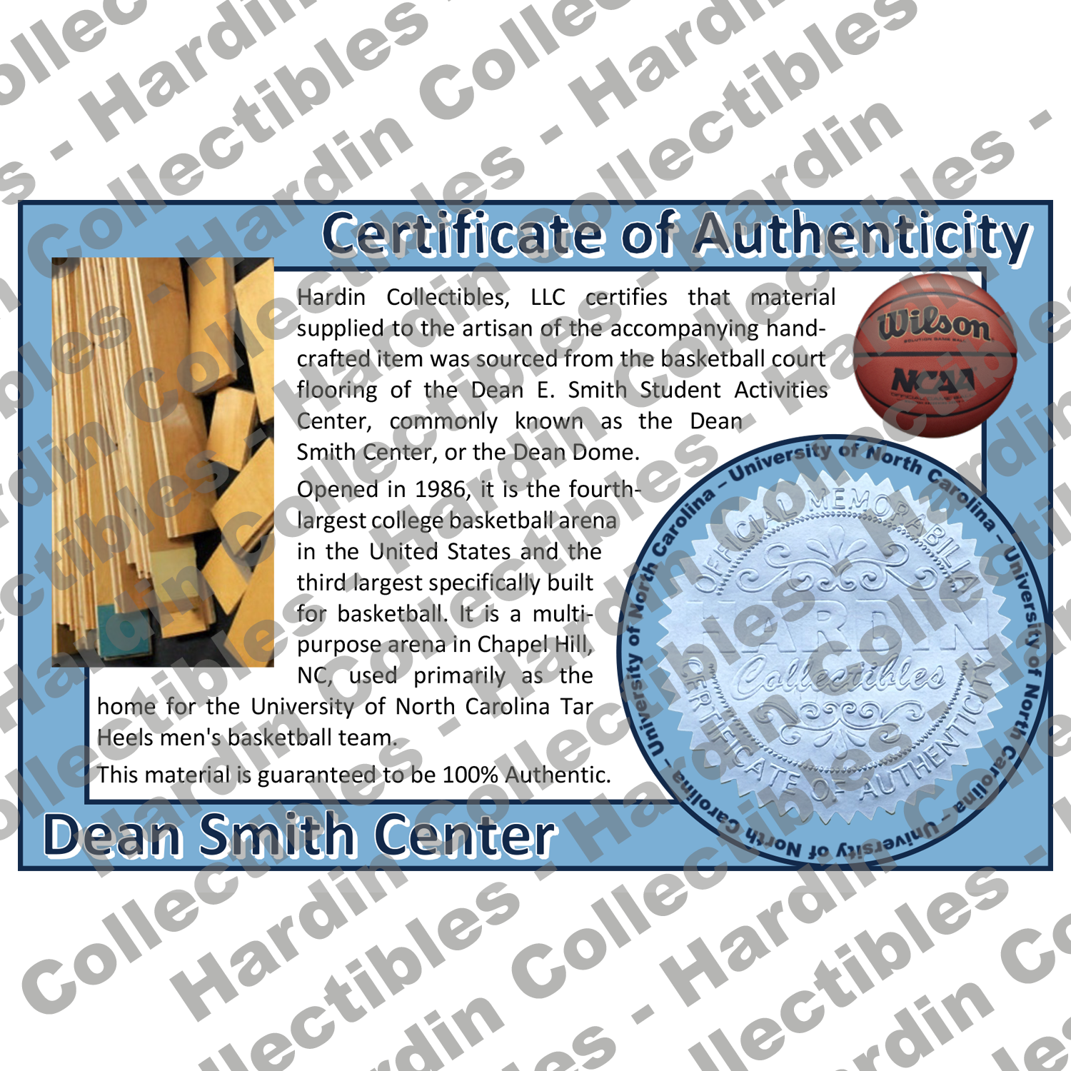 Image of certificate of authenticity for Dean E. Smith Center (University of North Carolina) [WOOD] - front