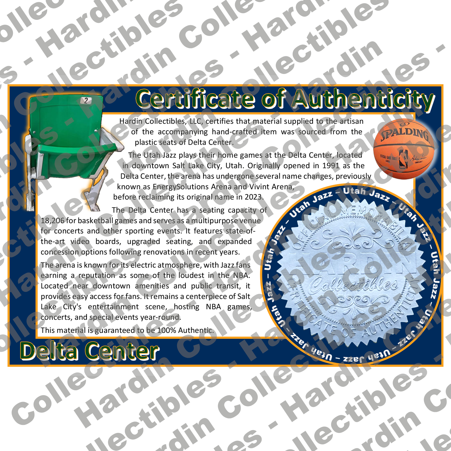 Image of certificate of authenticity for Delta Center (Utah Jazz) [PLASTIC] - front