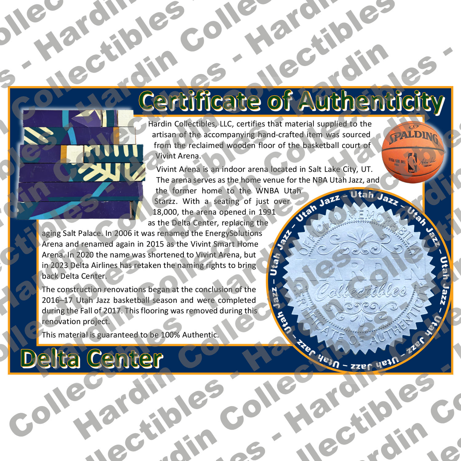 Image of certificate of authenticity for Delta Center (Utah Jazz) [WOOD] - front