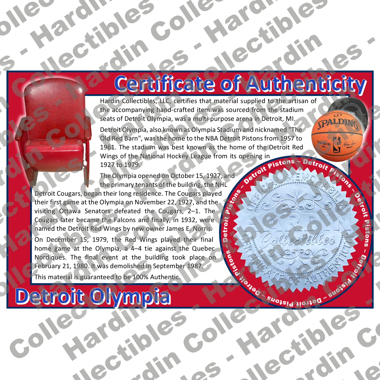 Image of certificate of authenticity for Detroit Olympia (Detroit Red Wings & Detroit Pis - extra-coa-detroit-pistons - front