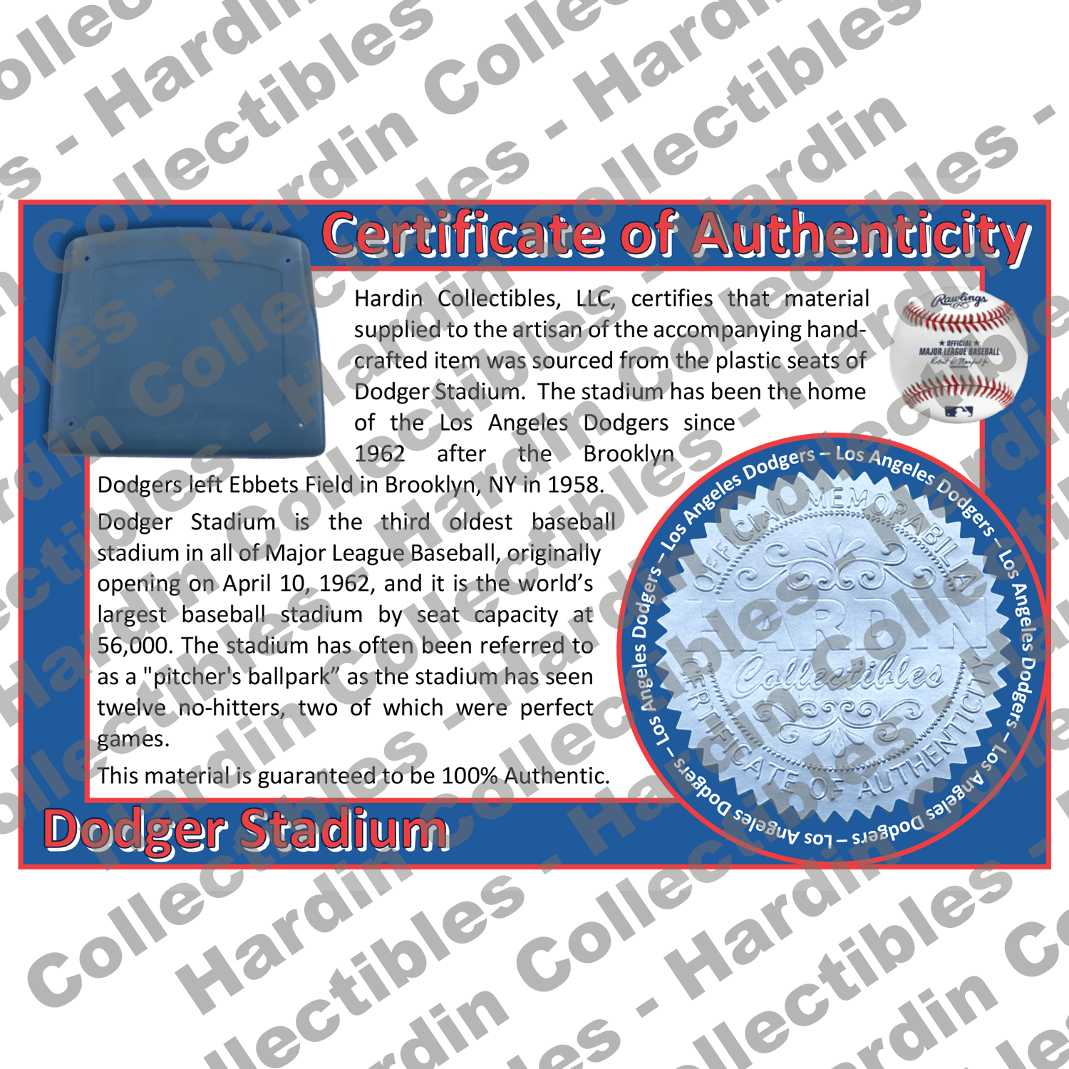 Image of certificate of authenticity for Dodger Stadium (Los Angeles Dodgers) [PLASTIC] - front