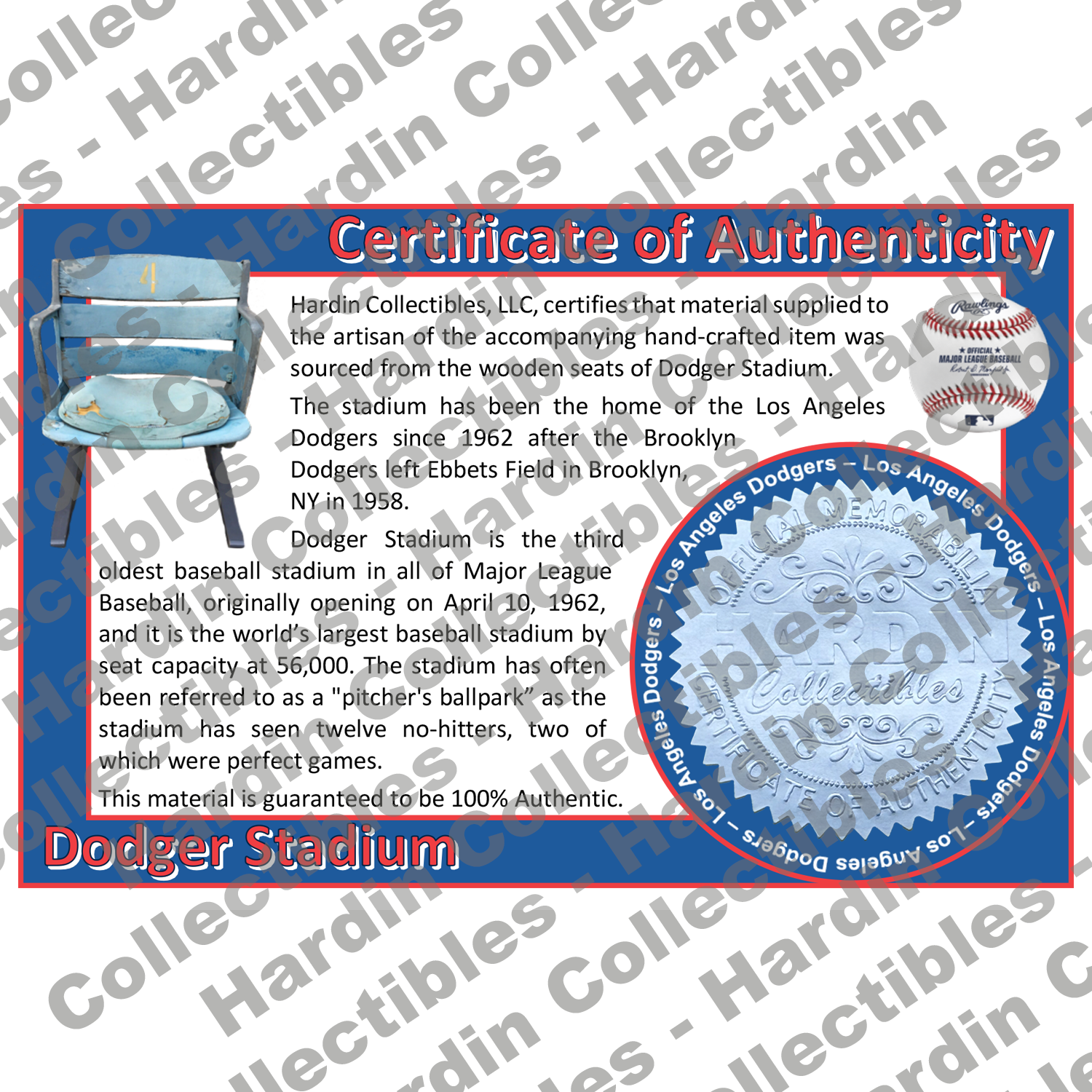 Image of certificate of authenticity for Dodger Stadium (Los Angeles Dodgers) [WOOD] - front
