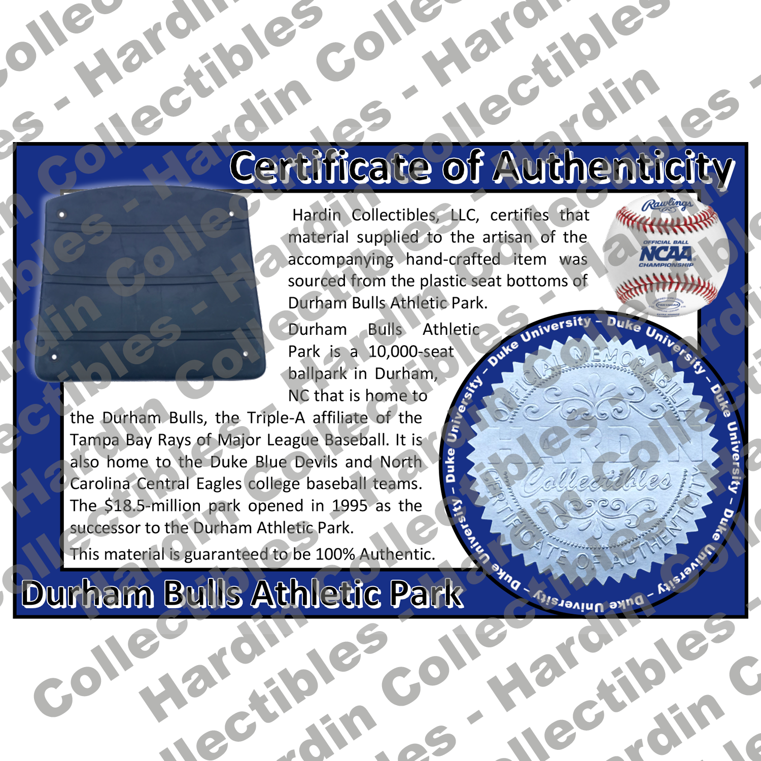 Image of certificate of authenticity for Durham Bulls Athletic Park (Duke University) - front