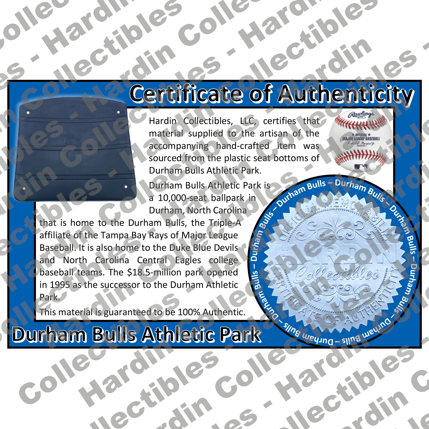 Image of certificate of authenticity for Durham Bulls Athletic Park (Durham Bulls) - front