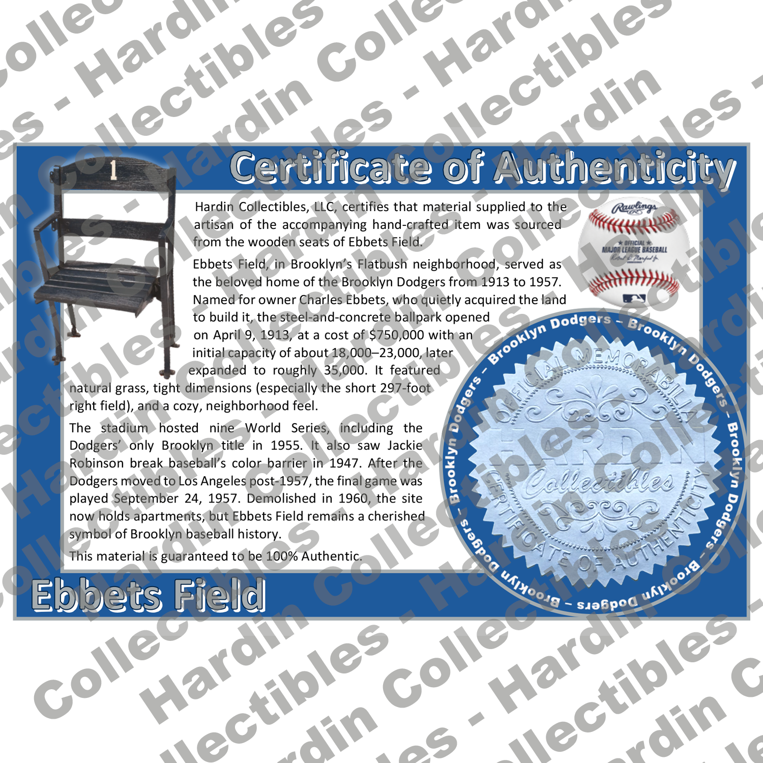 Image of certificate of authenticity for Ebbets Field (Brooklyn Dodgers) - front