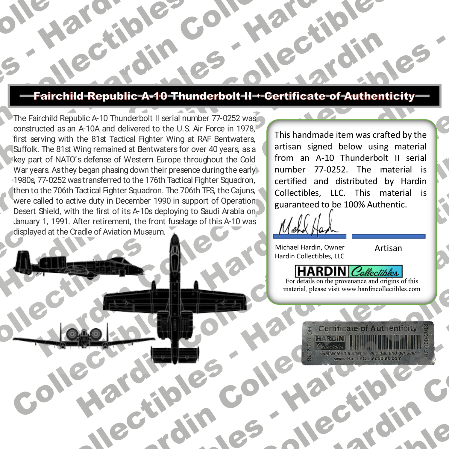 Image of certificate of authenticity for Fairchild Republic A-10 Thunderbolt II - back