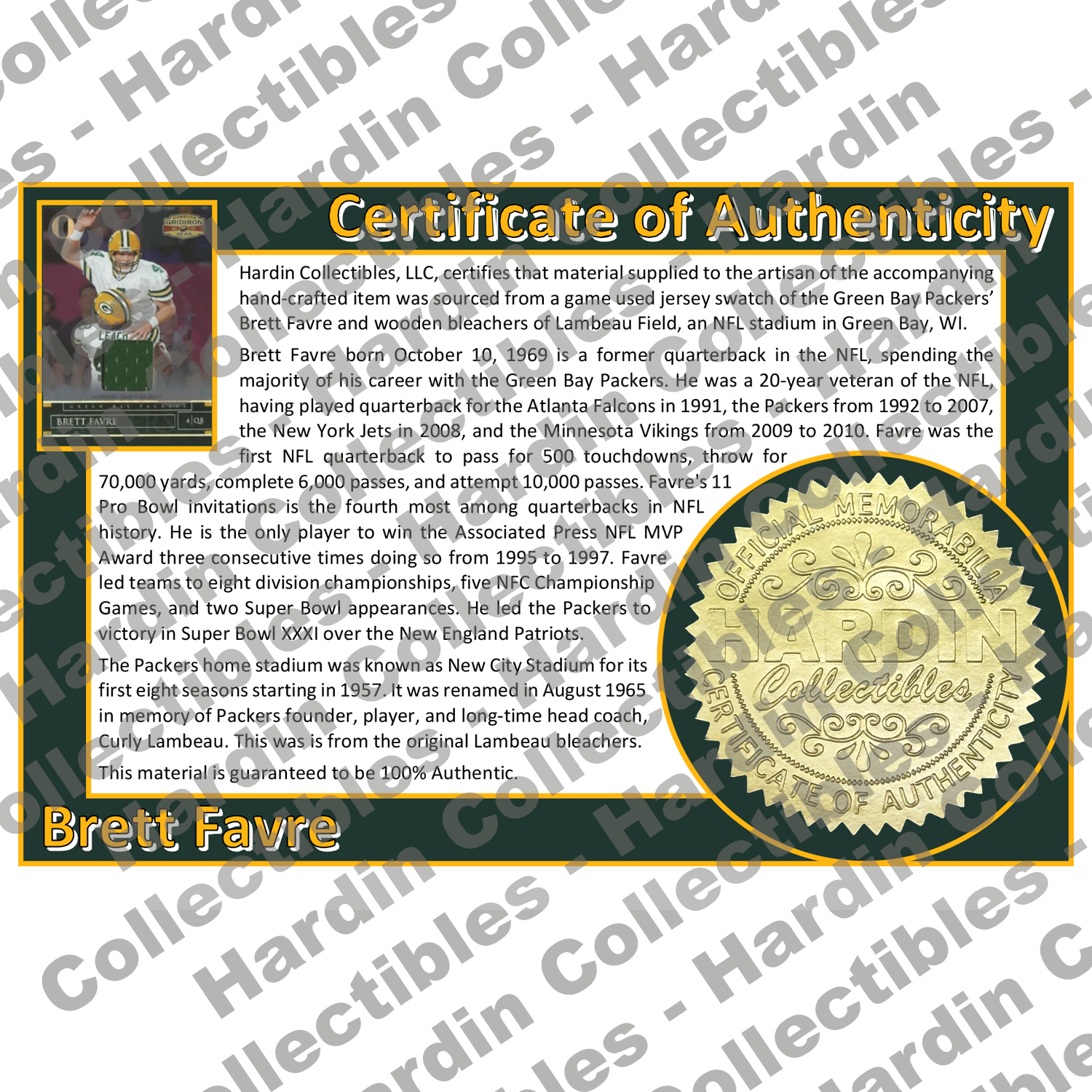 Image of certificate of authenticity for Favre, Brett 