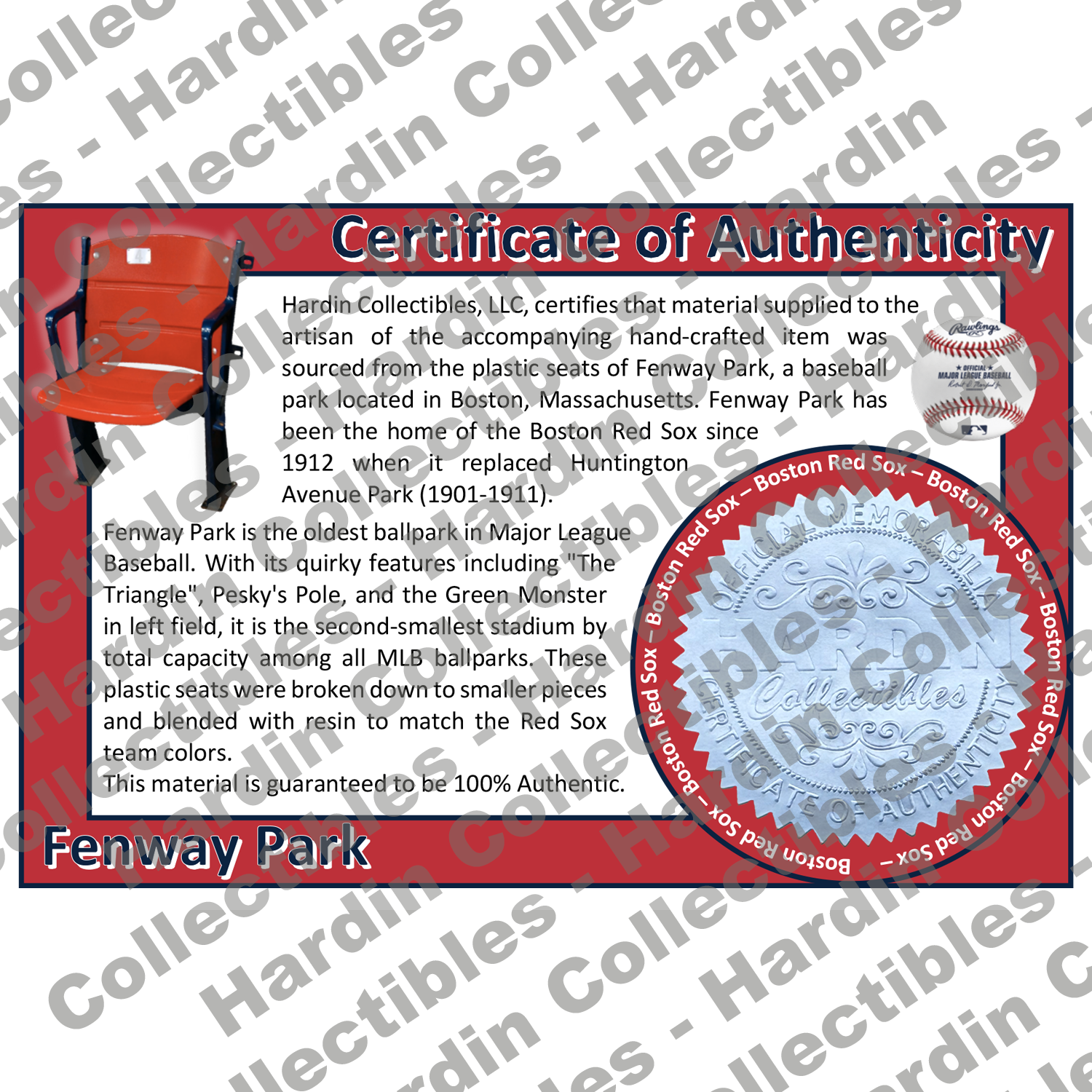 Image of certificate of authenticity for Fenway Park (Red Sox) [PLASTIC] - front