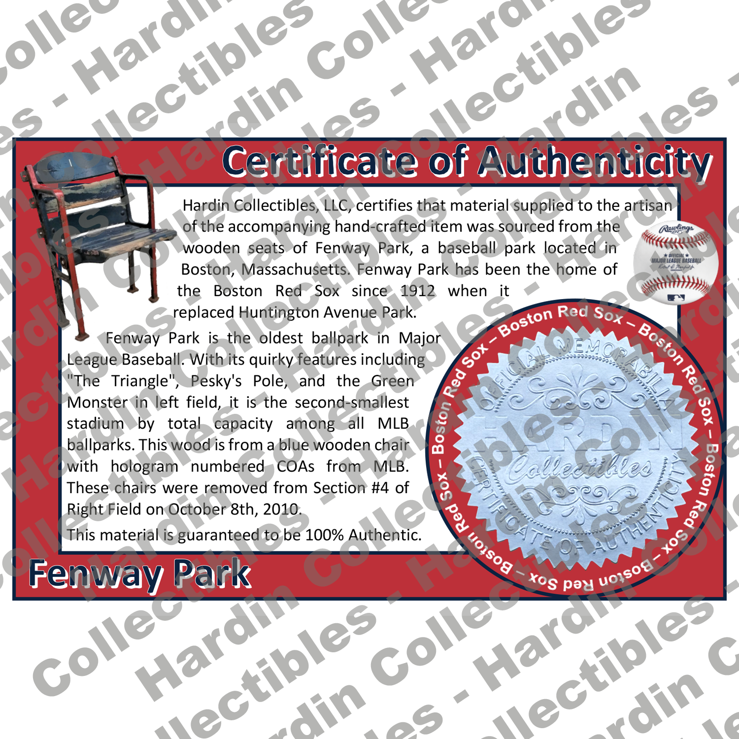 Image of certificate of authenticity for Fenway Park (Red Sox) [WOOD] - front