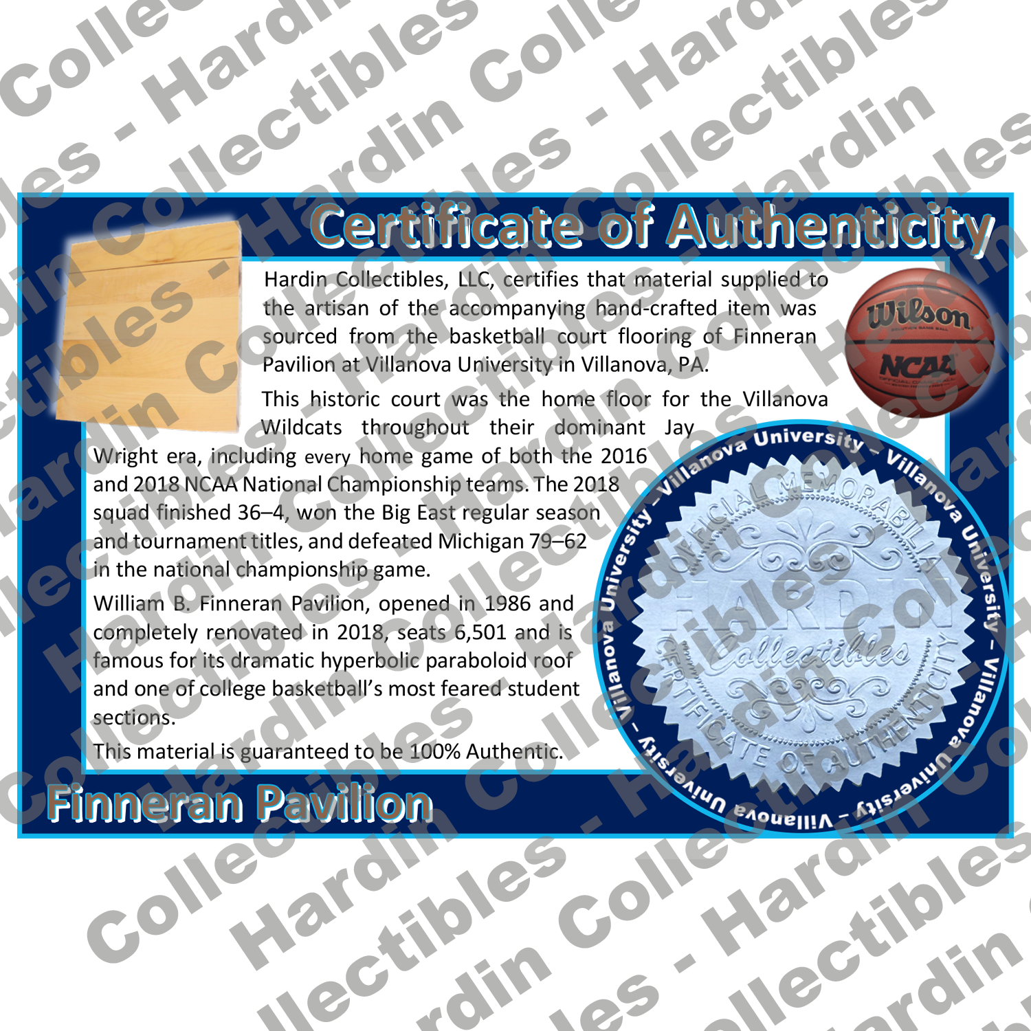 Image of certificate of authenticity for Finneran Pavilion (Villanova University) - front