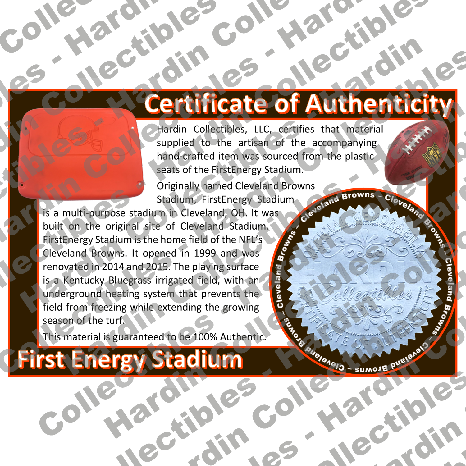 Image of certificate of authenticity for FirstEnergy Stadium (Cleveland Browns) - front