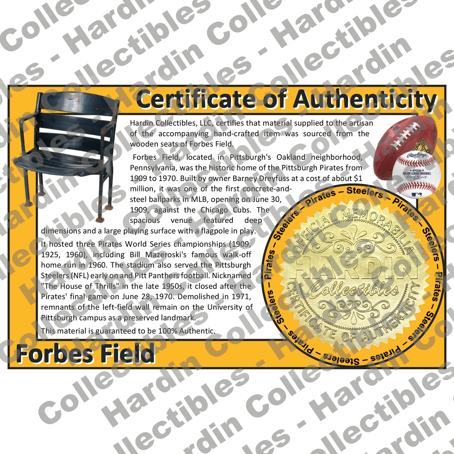 Image of certificate of authenticity for Forbes Field (Pittsburgh Steelers & Pittsburgh Pirates) - front