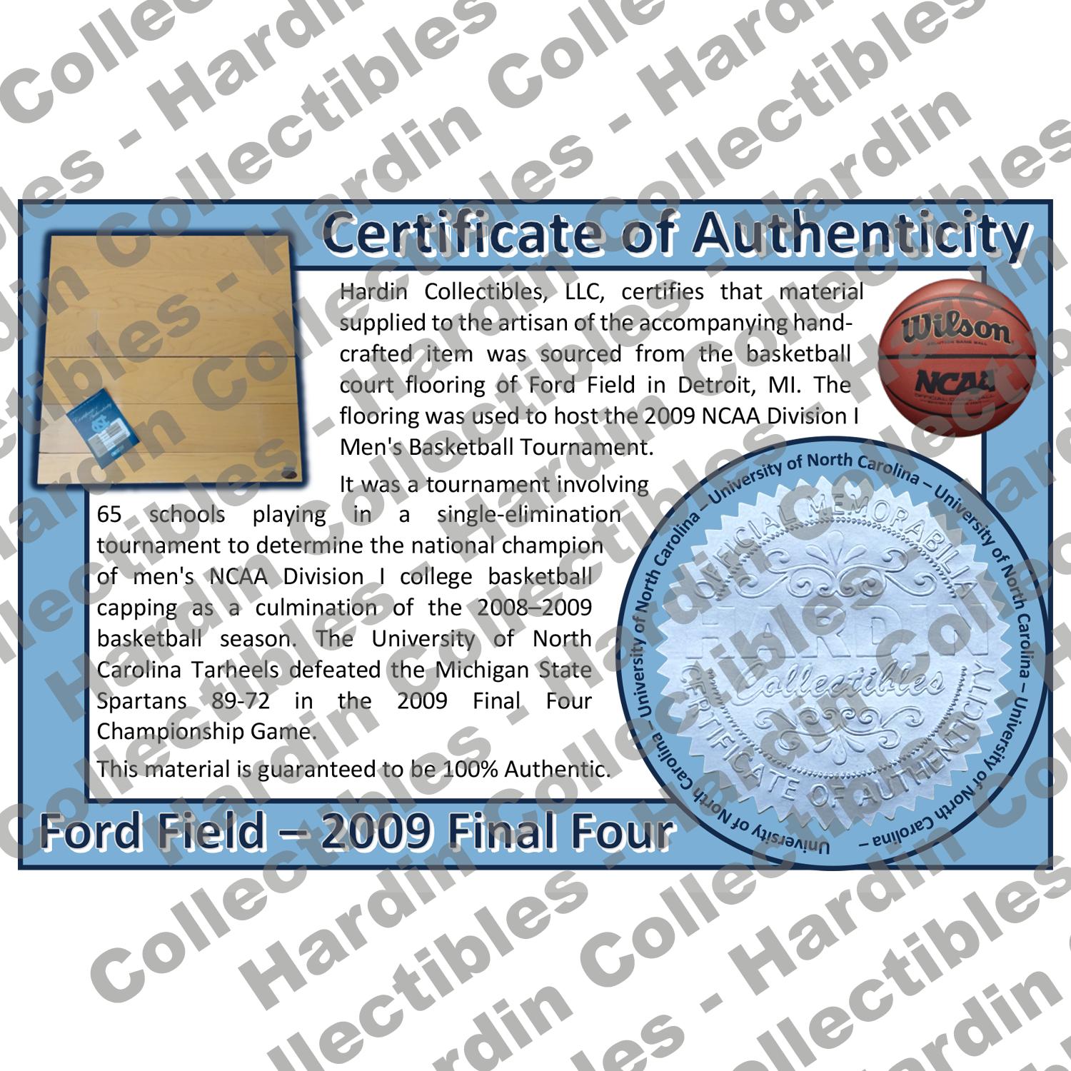 Image of certificate of authenticity for Ford Field (2009 Final Four) - front