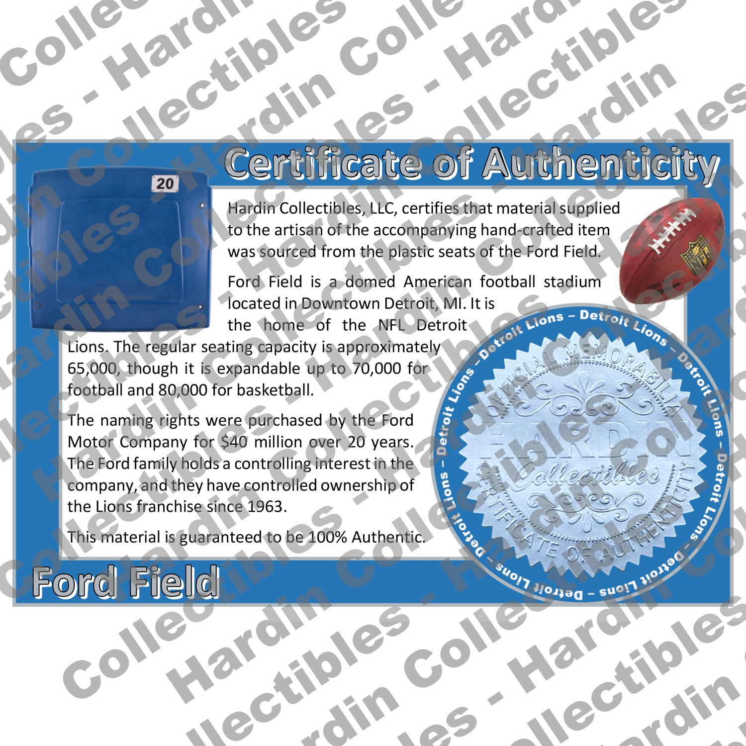 Image of certificate of authenticity for Ford Field (Detroit Lions) - front