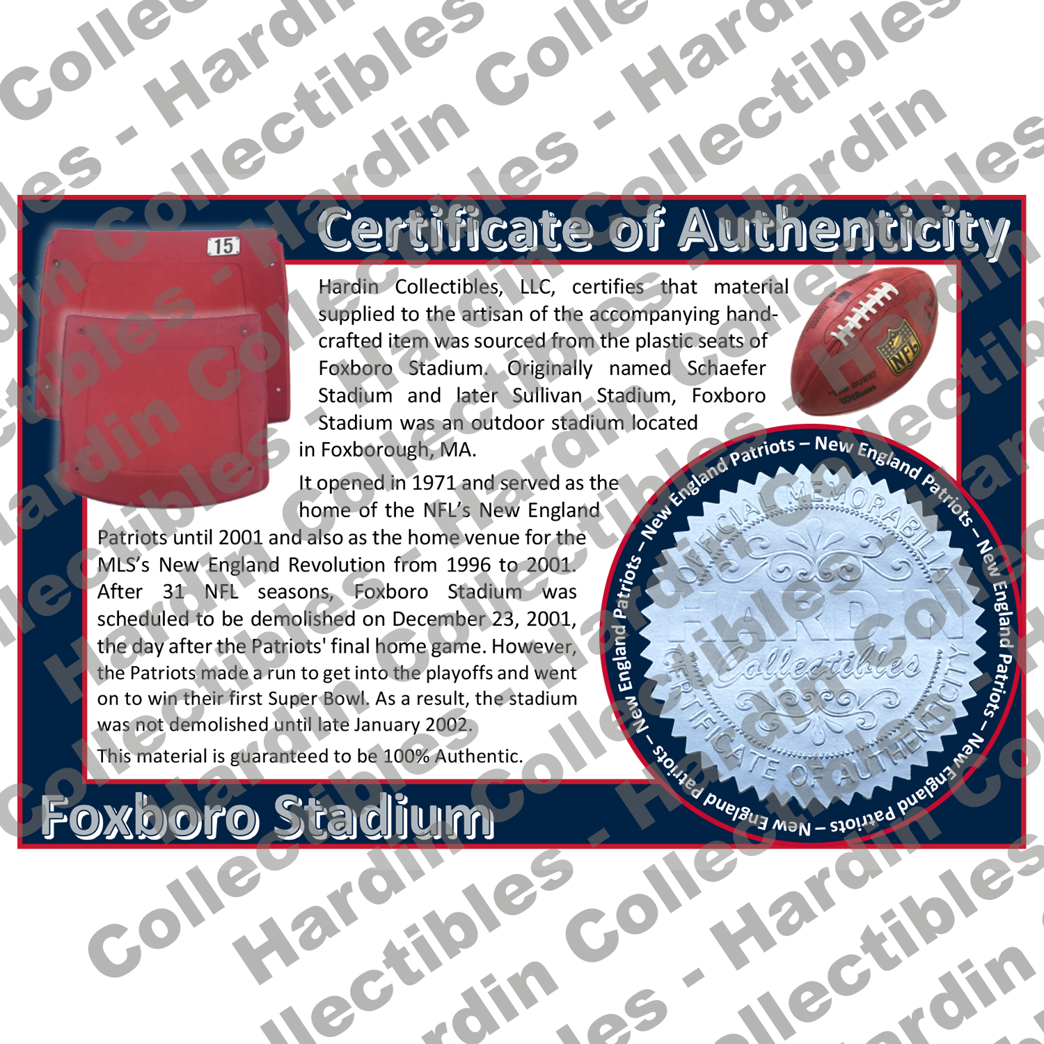 Image of certificate of authenticity for Foxboro Stadium (New England Patriots) - front