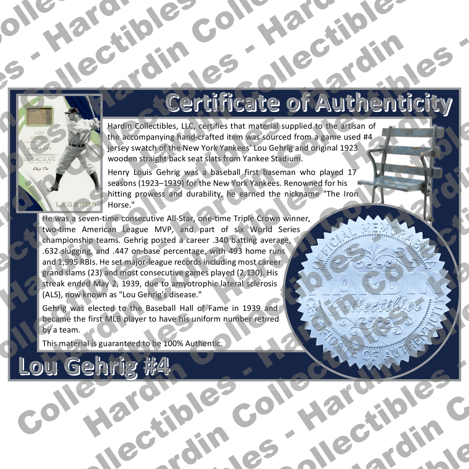 Image of certificate of authenticity for Gehrig, Lou 
