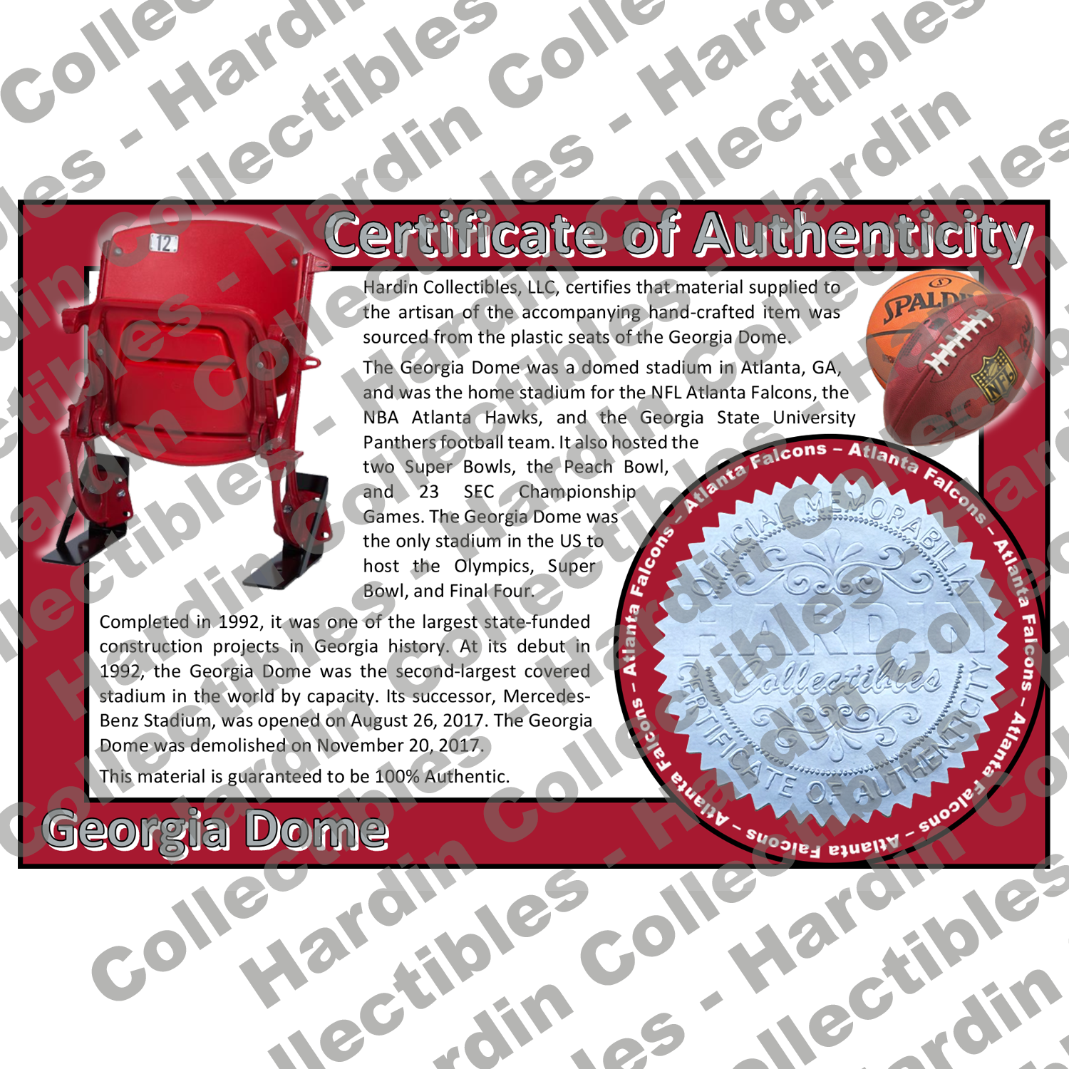 Image of certificate of authenticity for Georgia Dome (Atlanta Falcons) - front