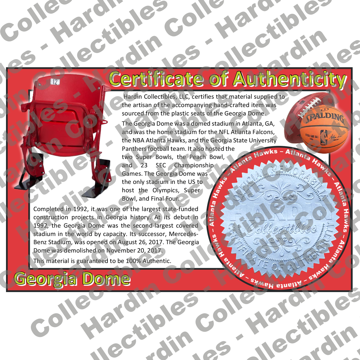Image of certificate of authenticity for Georgia Dome (Atlanta Hawks) - front