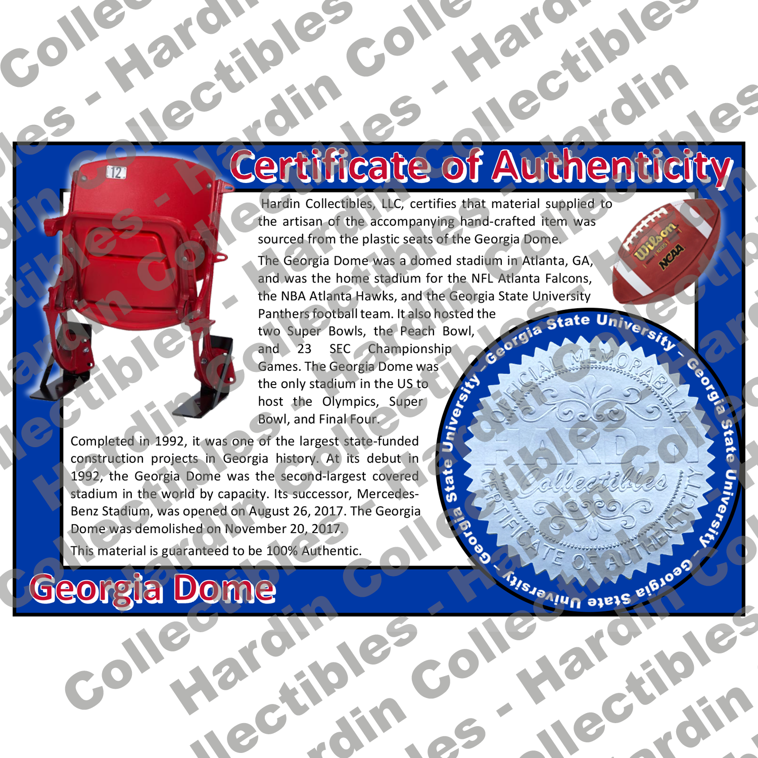 Image of certificate of authenticity for Georgia Dome (Georgia State University) - front