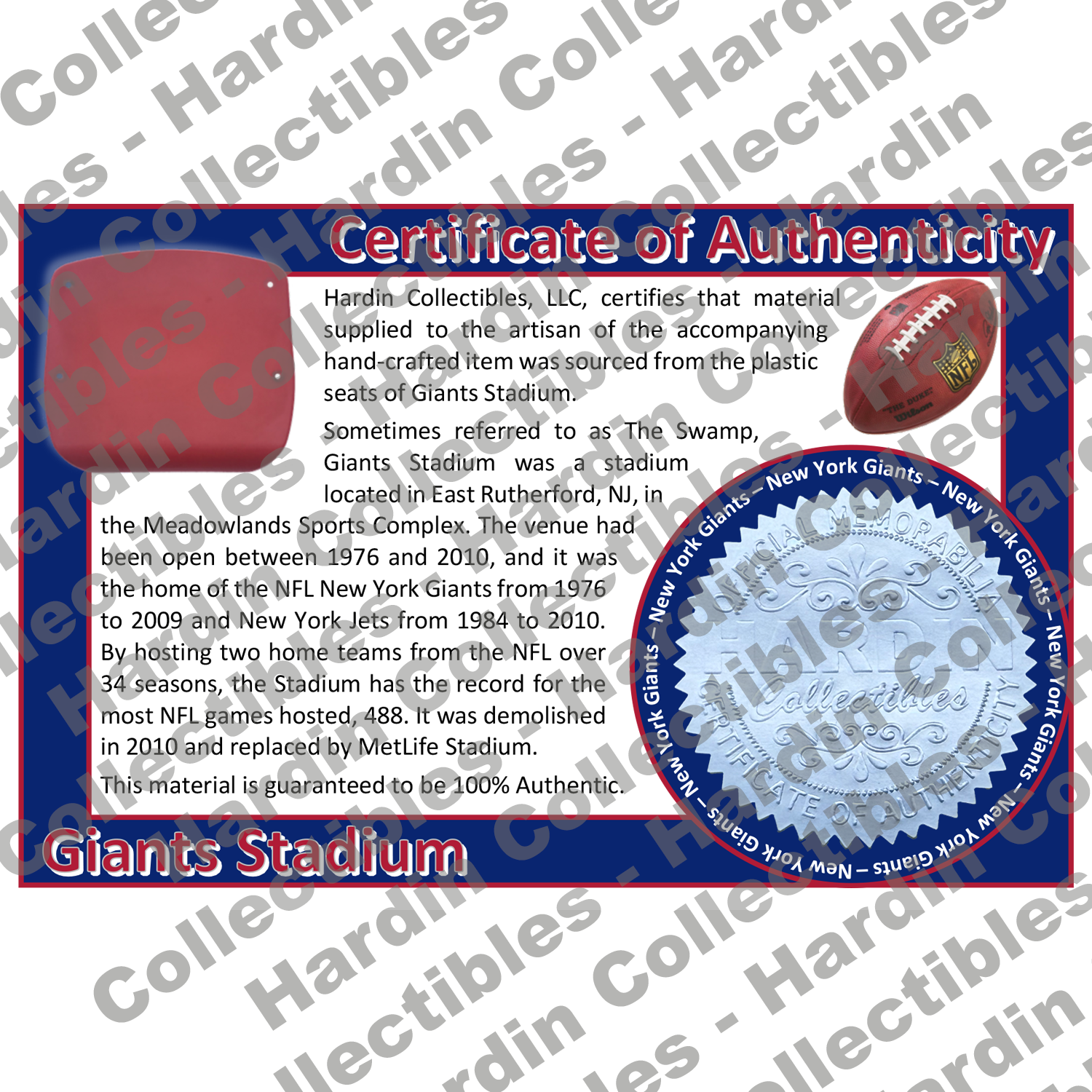 Image of certificate of authenticity for Giants Stadium (New York Giants) - front