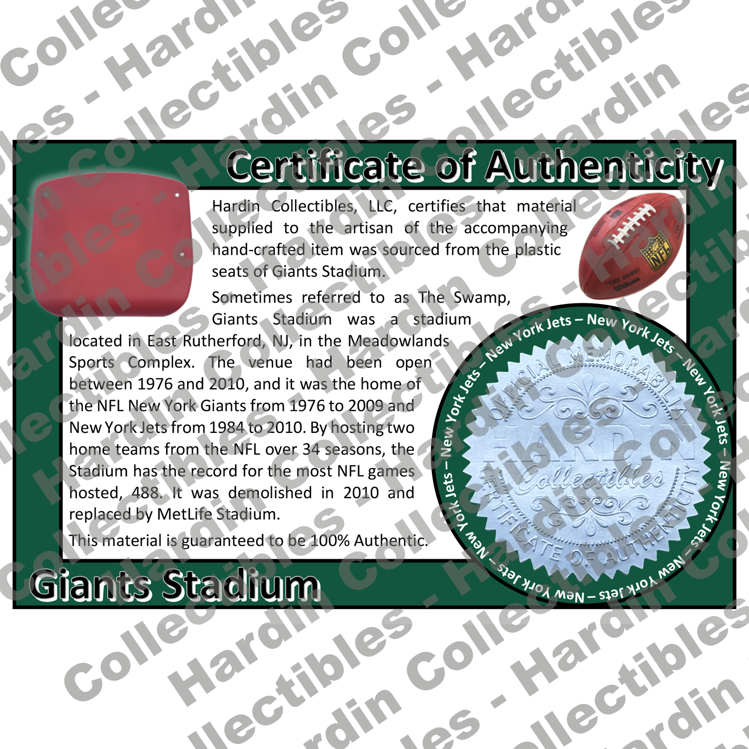 Image of certificate of authenticity for Giants Stadium (New York Jets) - front