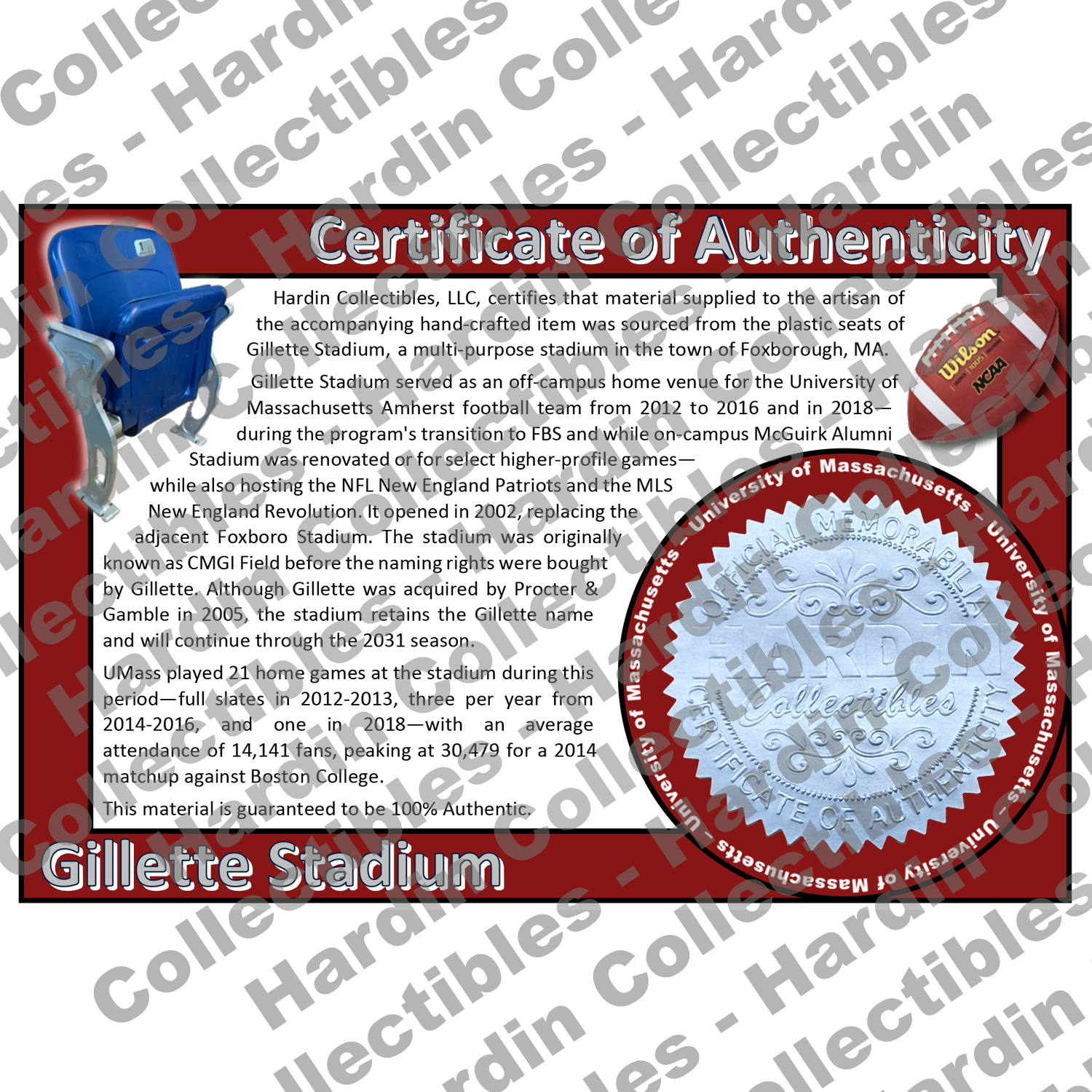 Image of certificate of authenticity for Gillette Stadium (Massachusetts, University of) - front