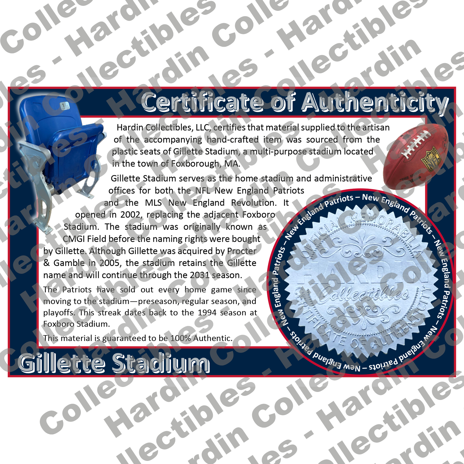 Image of certificate of authenticity for Gillette Stadium (New England Patriots) - front