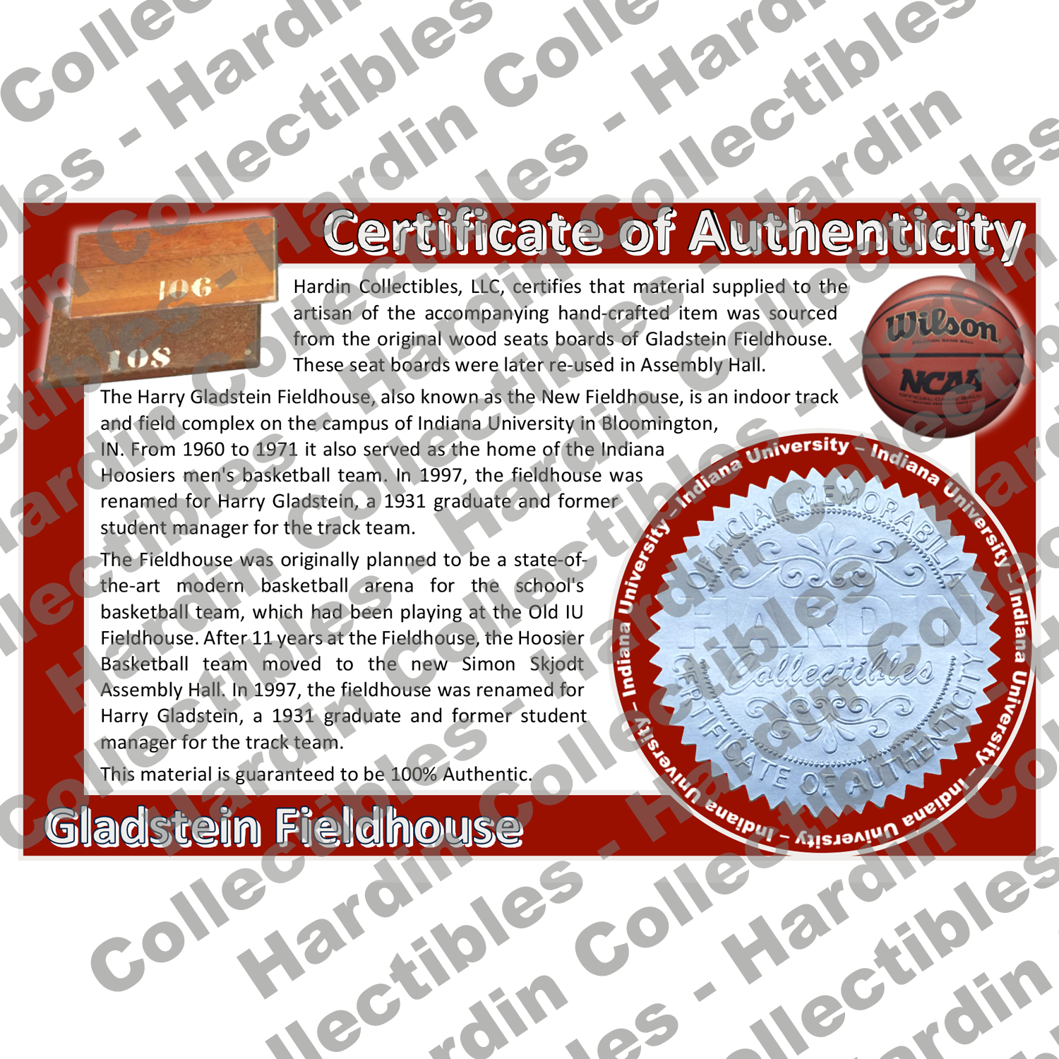 Image of certificate of authenticity for Gladstein Fieldhouse (Indiana University) [WOOD] - front