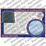 Image of certificate of authenticity for Globe Life Park in Arlington (Texas Rangers) - front