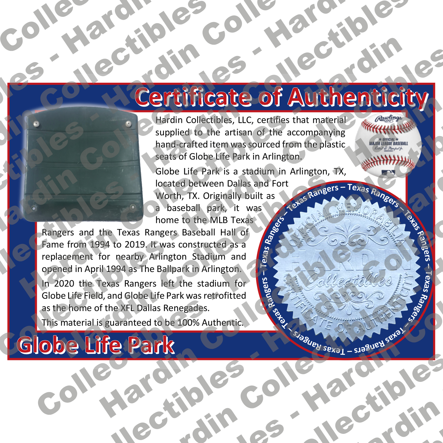 Image of certificate of authenticity for Globe Life Park in Arlington (Texas Rangers) - front