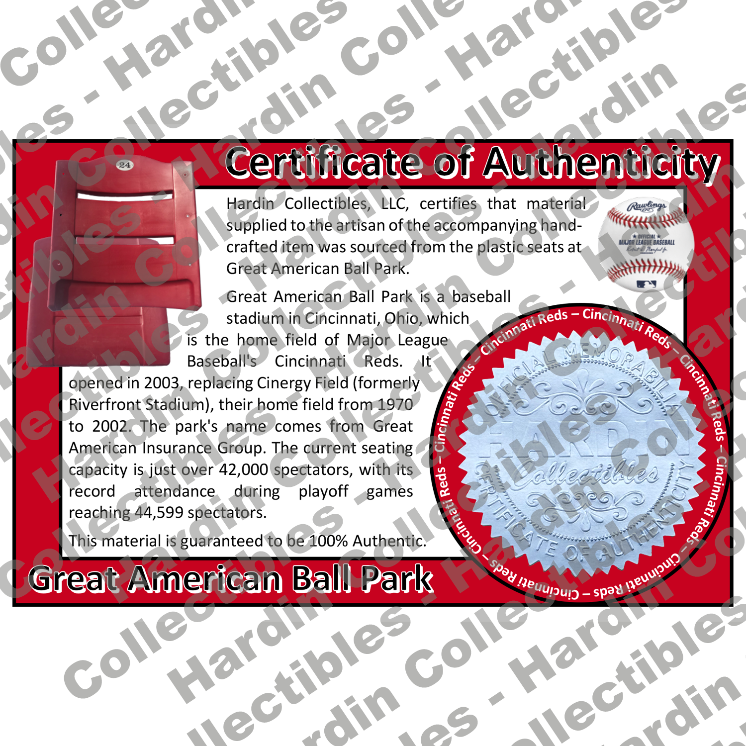 Image of certificate of authenticity for Great American Ball Park (Cincinnati Reds) - front