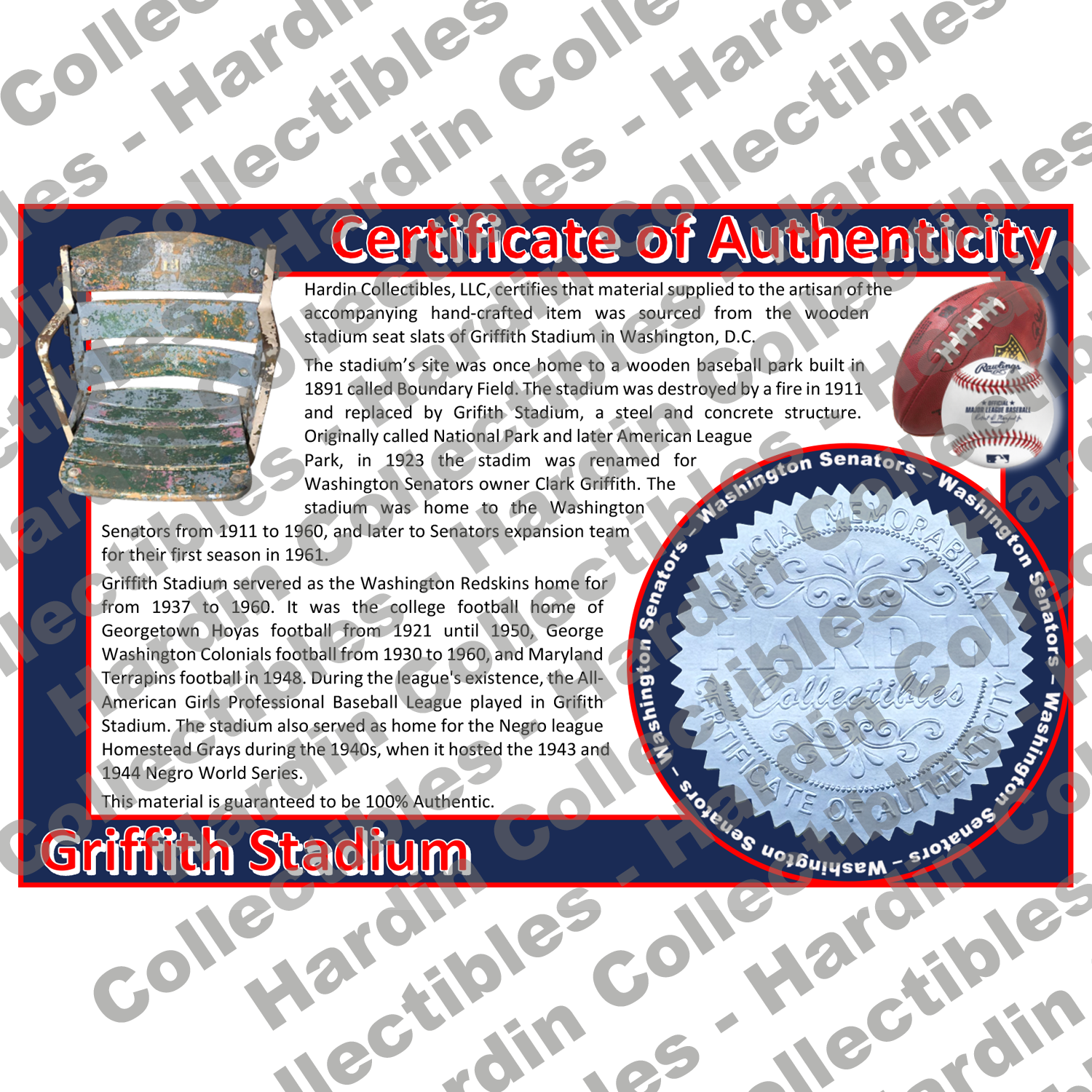 Image of certificate of authenticity for Griffith Stadium (Redskins, Senators, Grays, - extra-coa-washington-senators - front