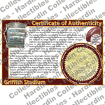 Image of certificate of authenticity for Griffith Stadium (Redskins, Senators, Grays, Georgetown University, & George - front