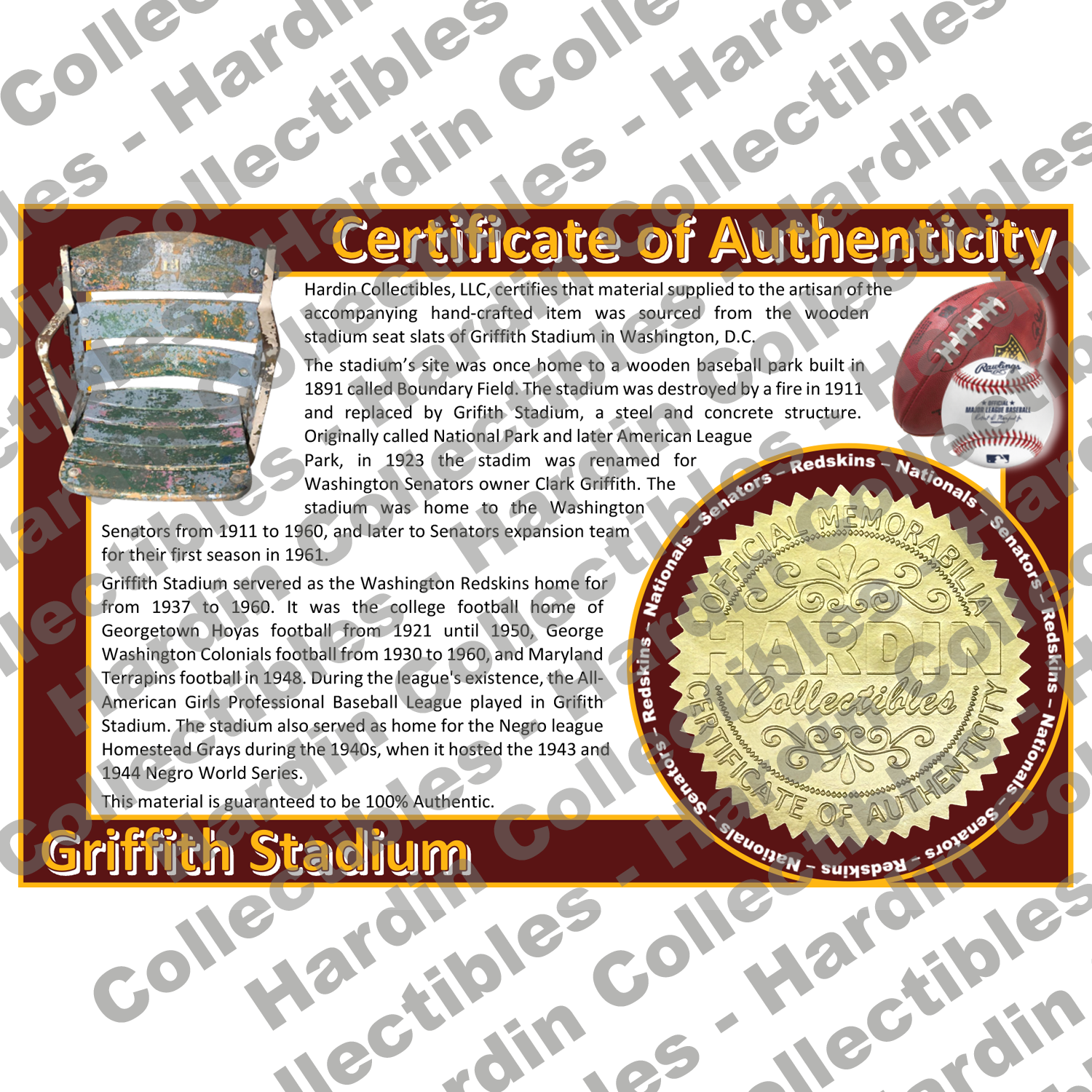 Image of certificate of authenticity for Griffith Stadium (Redskins, Senators, Grays, Georgetown University, & George - front