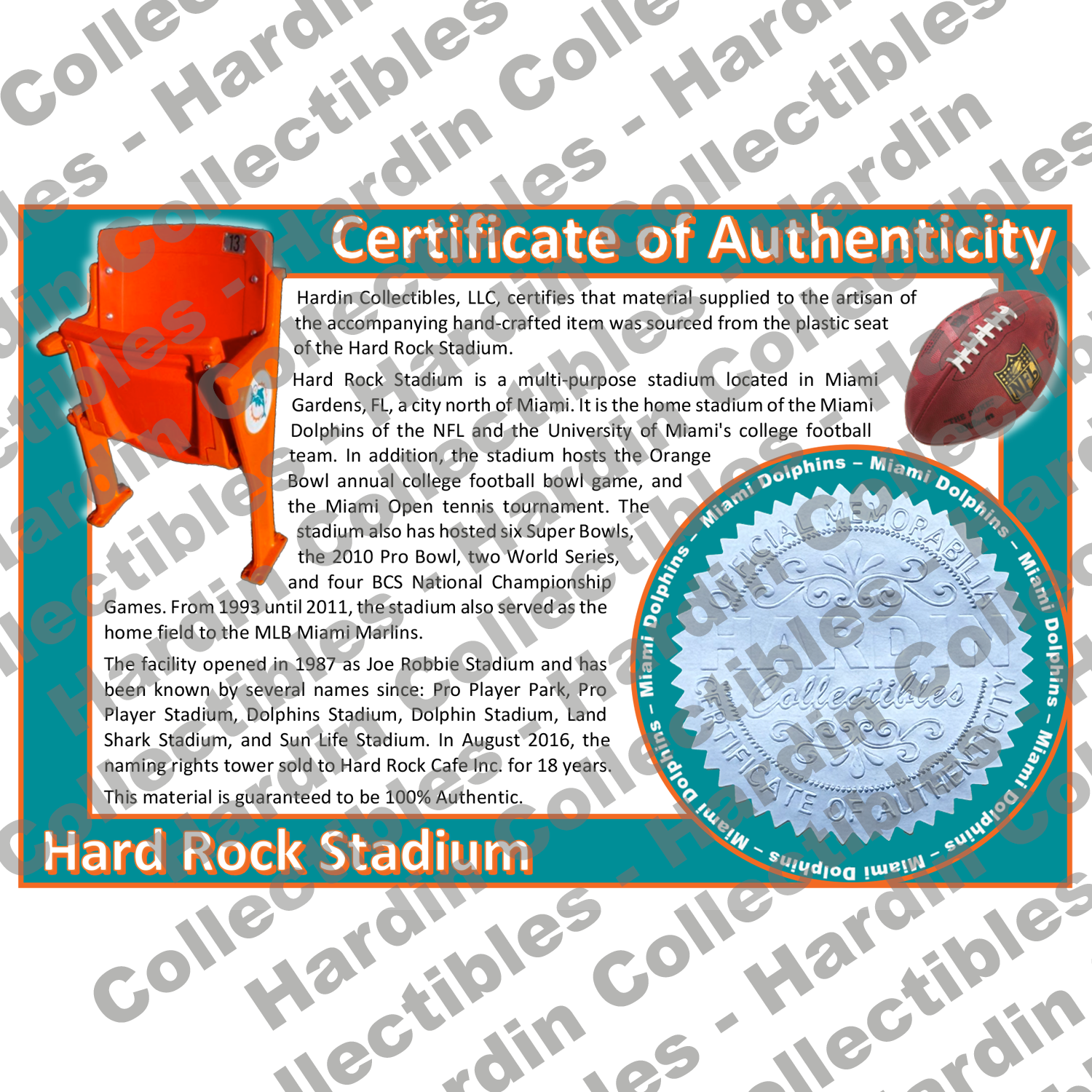 Image of certificate of authenticity for Hard Rock Stadium (Miami Dolphins) - front