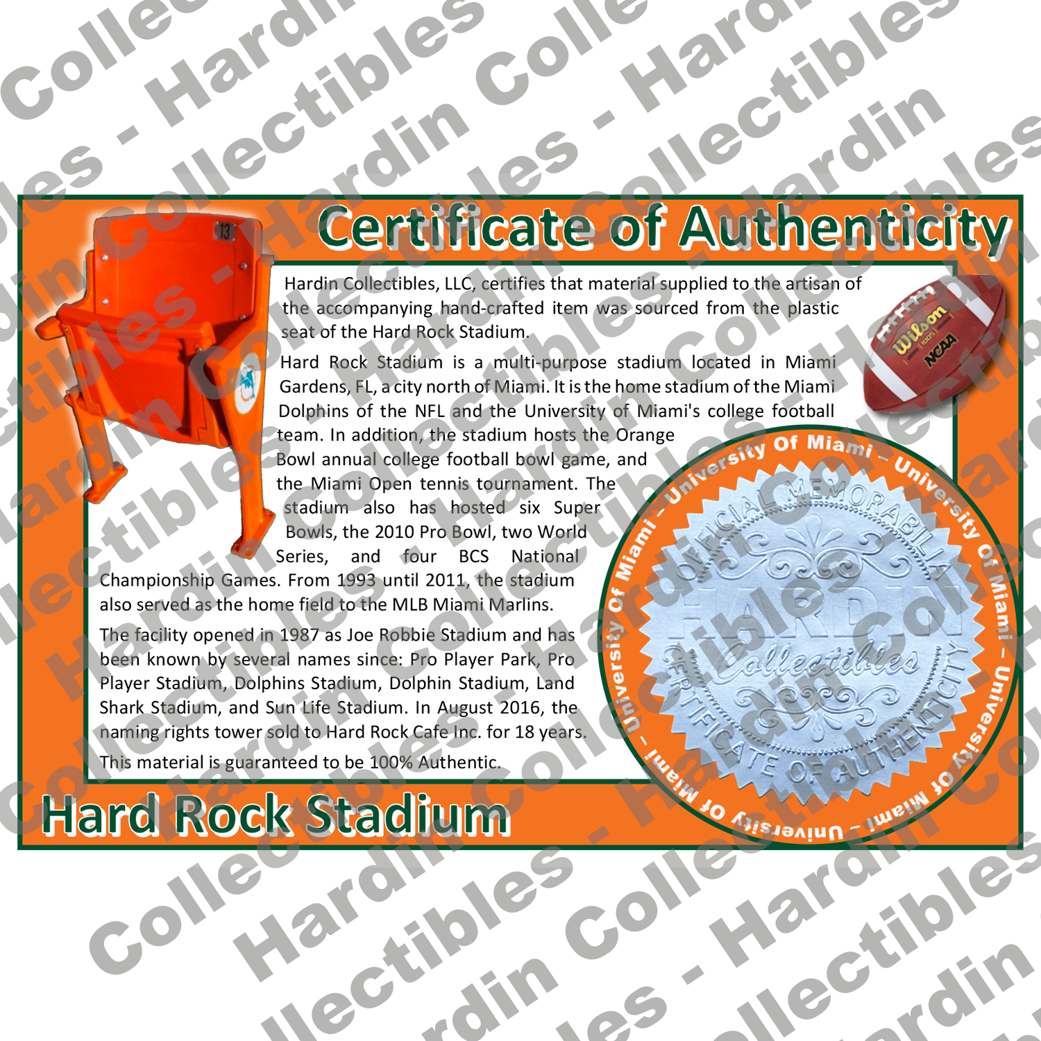 Image of certificate of authenticity for Hard Rock Stadium (University of Miami) - front