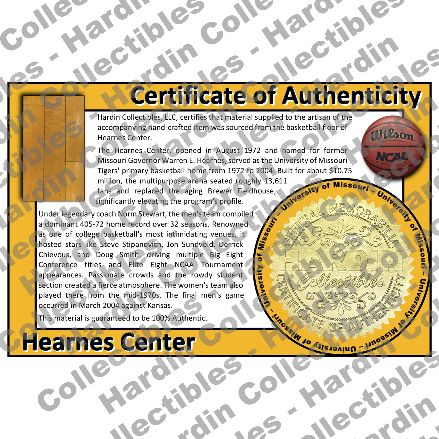 Image of certificate of authenticity for Hearnes Center (University of Missouri) [Mizzou] - front