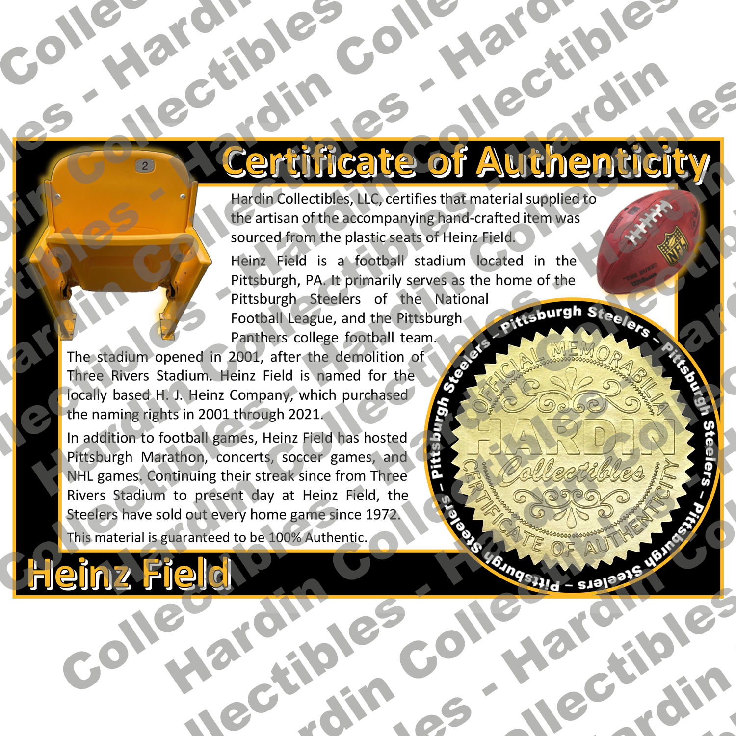Image of certificate of authenticity for Heinz Field (Pittsburgh Steelers) - front