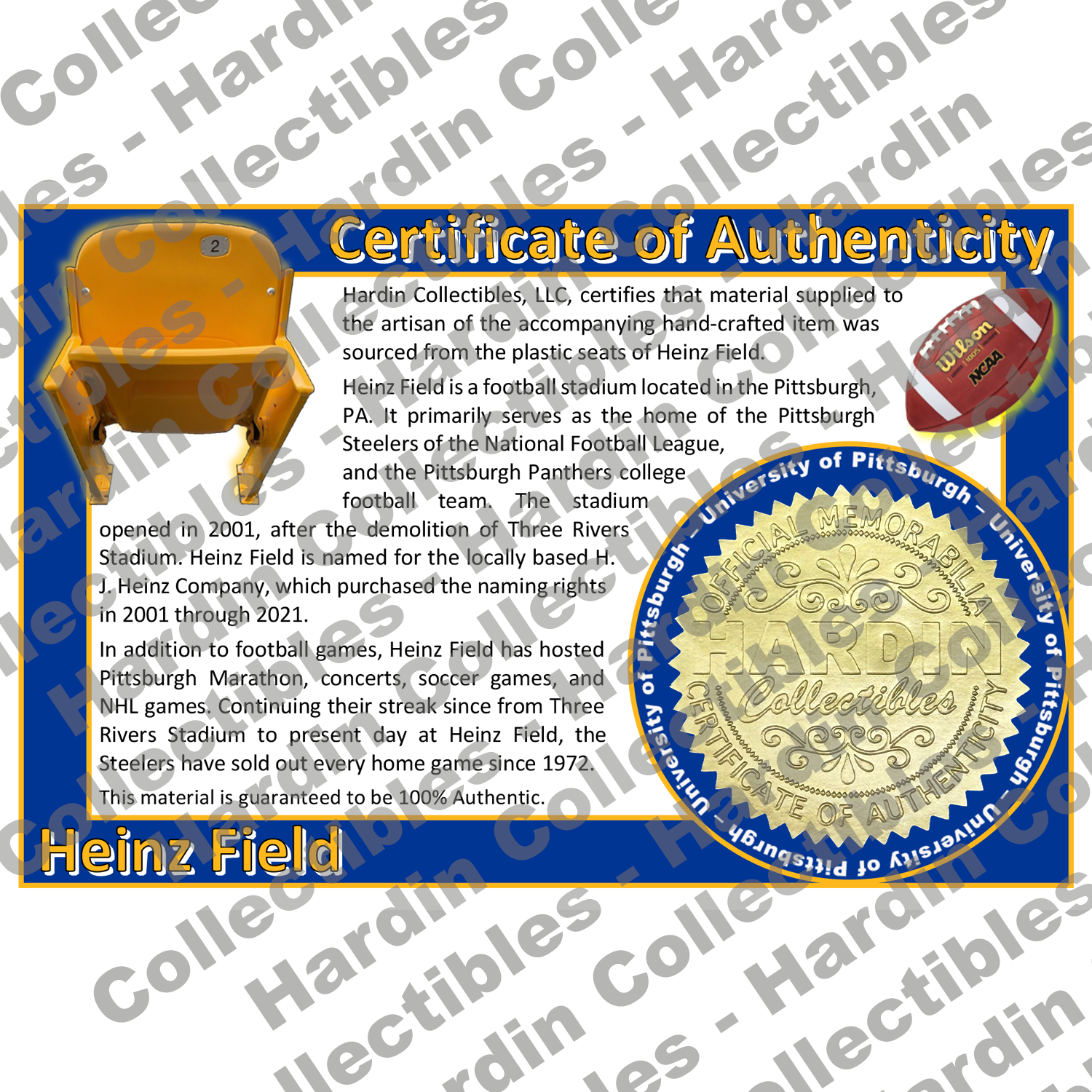 Image of certificate of authenticity for Heinz Field (University of Pittsburgh) - front