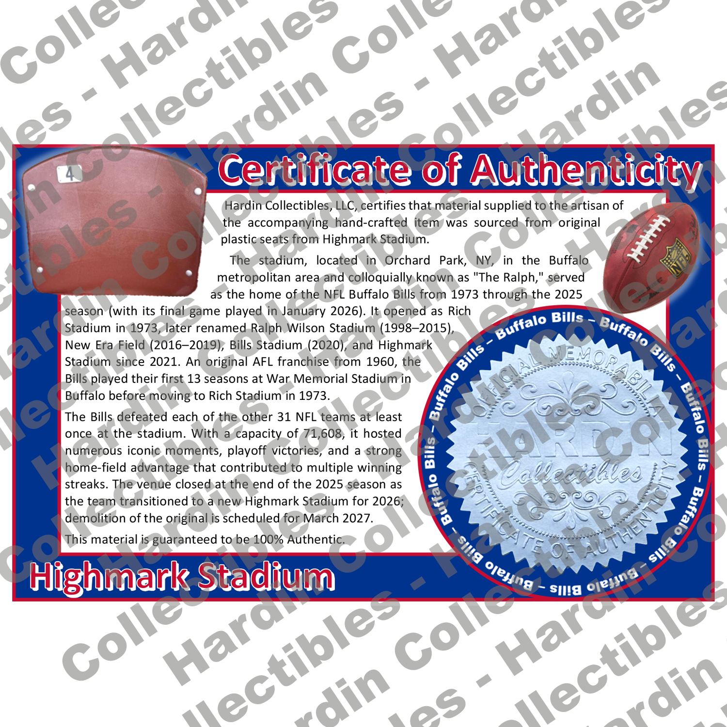Image of certificate of authenticity for Highmark Stadium (Buffalo Bills) [Bills Stadium/New Era Field] - front