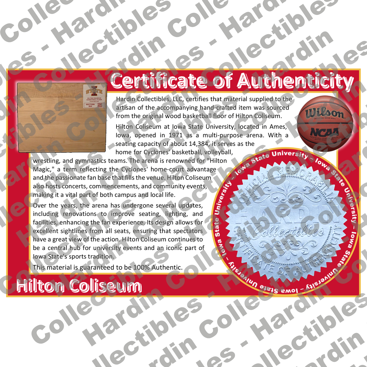 Image of certificate of authenticity for Hilton Coliseum (Iowa State University) - front