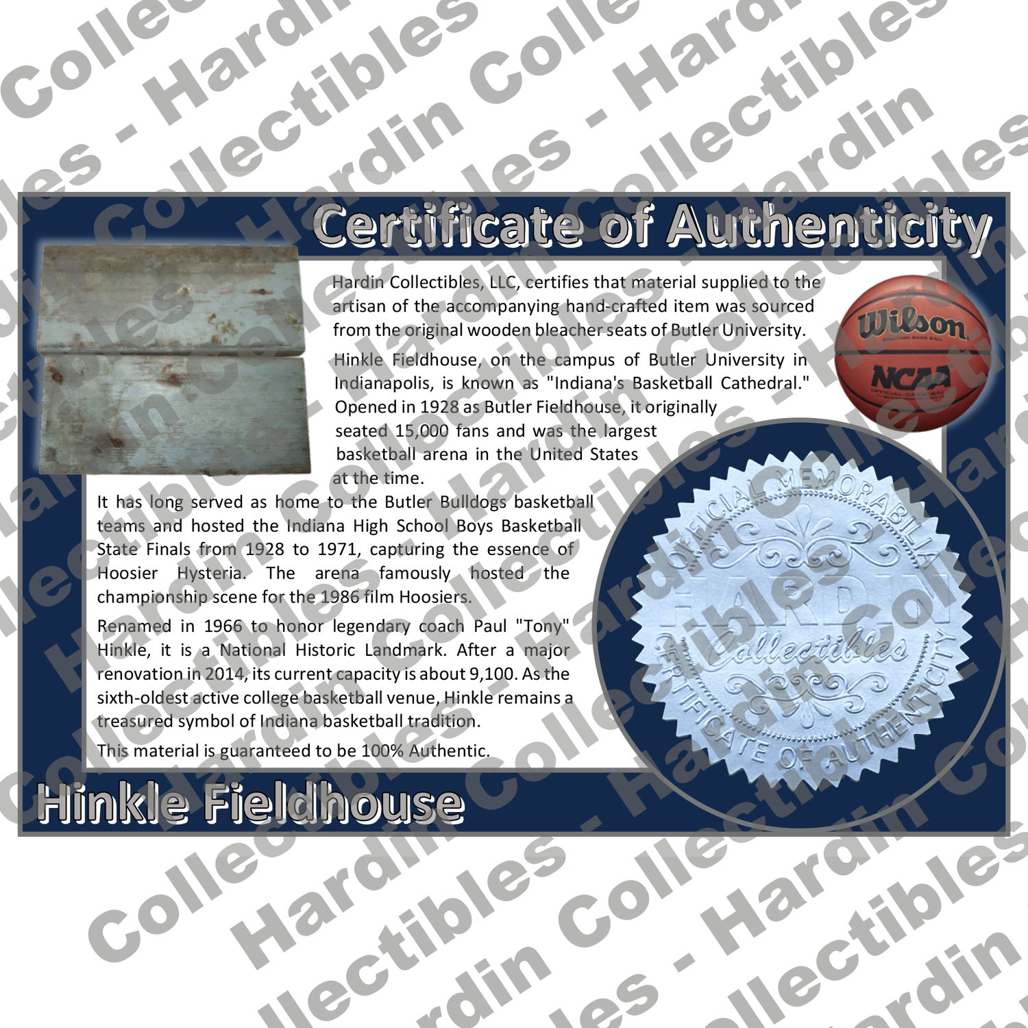 Image of certificate of authenticity for Hinkle Fieldhouse (Butler University) - front
