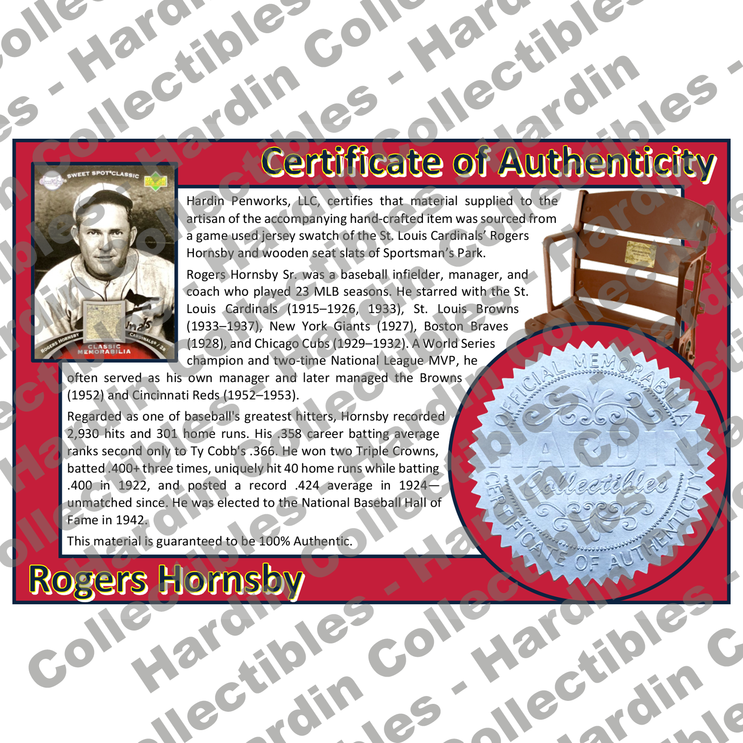 Image of certificate of authenticity for Hornsby, Rogers - Game Played Relic - front