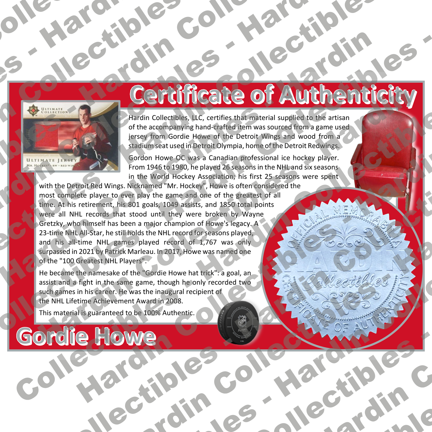 Image of certificate of authenticity for Howe, Gordie 
