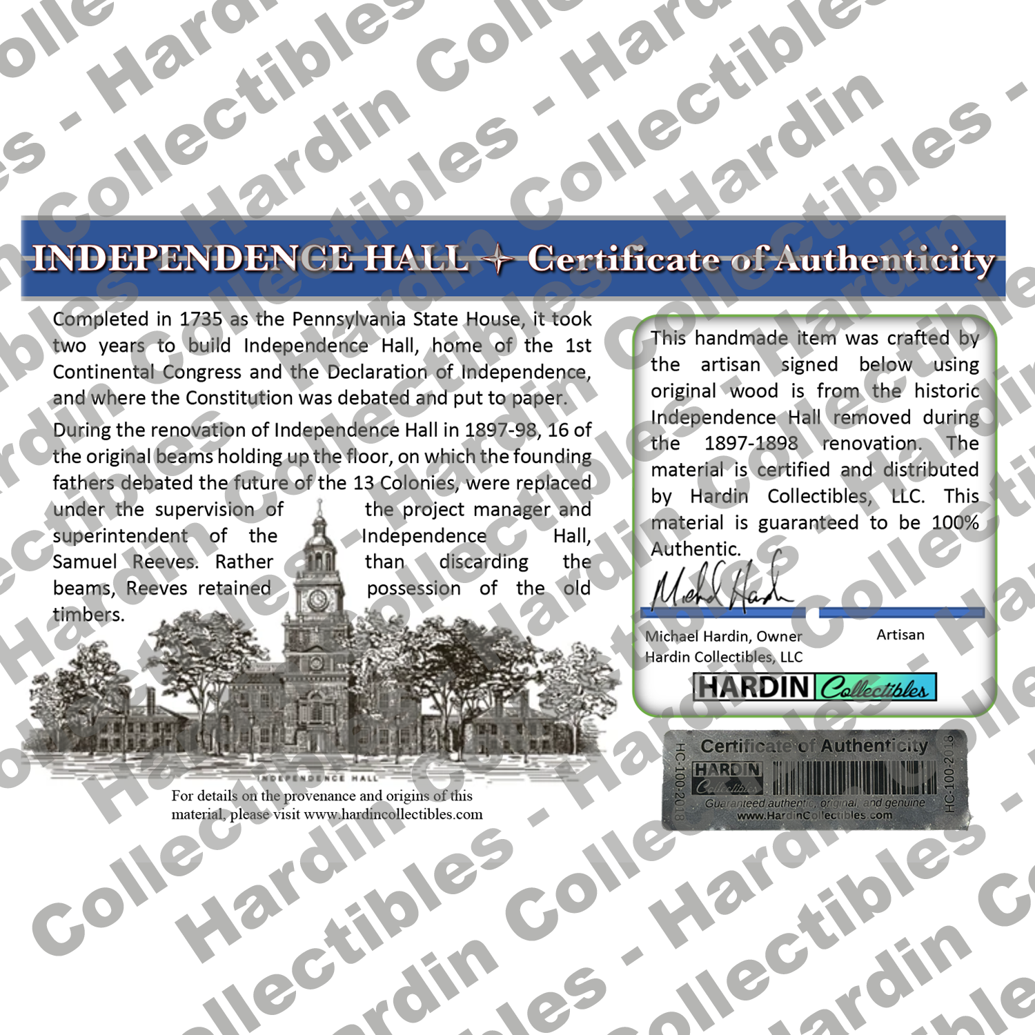 Image of certificate of authenticity for Independence Hall – Stabilized Wood and Resin Hybrid Blanks - back