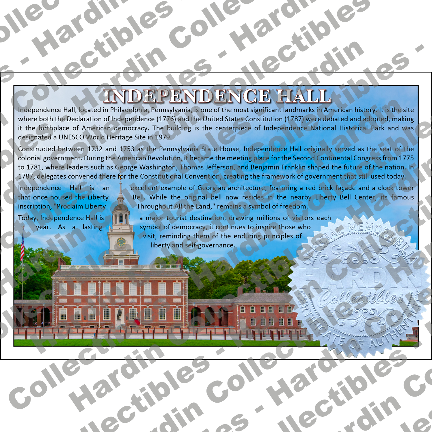 Image of certificate of authenticity for Independence Hall – Stabilized Wood and Resin Hybrid Blanks - front